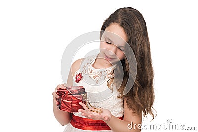 Surprised teenage girl open red gift box, isolated on white Stock Photo