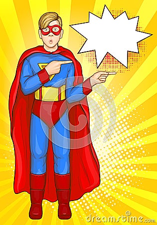 Teenager in superman suit pointing fingers vector Vector Illustration