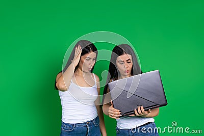 Surprised twin women in casual clothes look at laptop. Photo on green background with side space Stock Photo