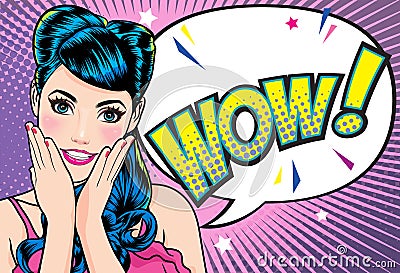 Surprised woman face with open mouth with pink lips with dot background pop art comics style Vector Illustration
