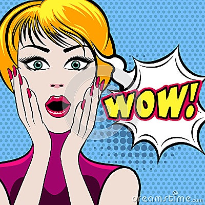 Surprised woman face with WOW bubble Vector Illustration