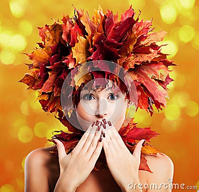 Surprised Woman Fashion Model with Fall Leaves Wreath, Autumn Portrait Stock Photo