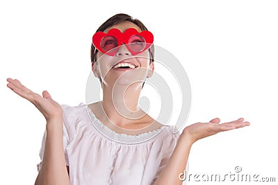 Surprised woman with funny glasses heart-shaped Stock Photo