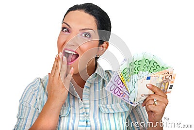 Surprised woman with handful of money Stock Photo