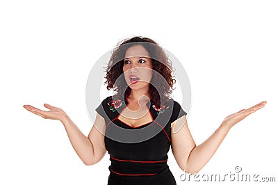 Surprised woman holding hands up. Stock Photo