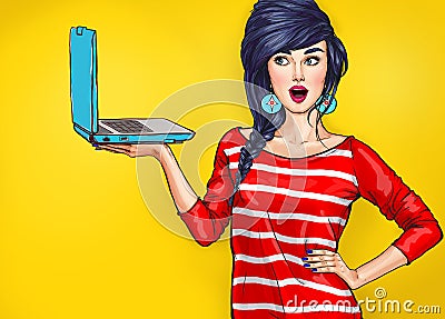 Surprised woman with laptop in the hand in comic style. Stock Photo