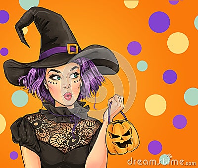 Surprised woman wears Halloween makeup, dressed in black outfit, , looks with amazing expression. Pop Art girl Stock Photo