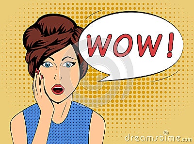 Surprised woman with WOW speech bubble in old comics style Vector Illustration