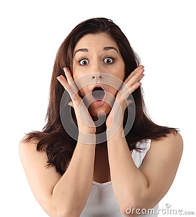 Surprised young brunette woman Stock Photo