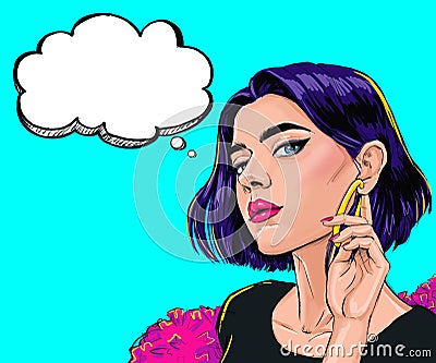 Surprised young Fashion comic girl with thought bubble. Thinking young sexy woman. Stock Photo