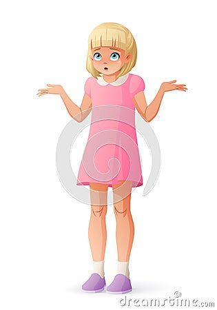 Surprised young girl shrugging shoulders. Isolated vector illustration. Vector Illustration