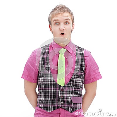 Surprised young man in a plaid jacket and bright shir Stock Photo
