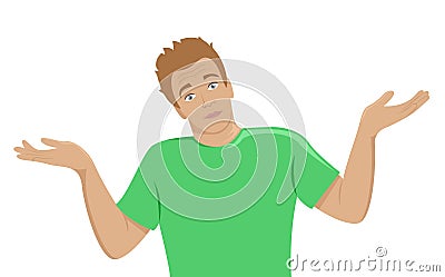 The surprised young man shrugs. Flat isolated illustration Vector Illustration