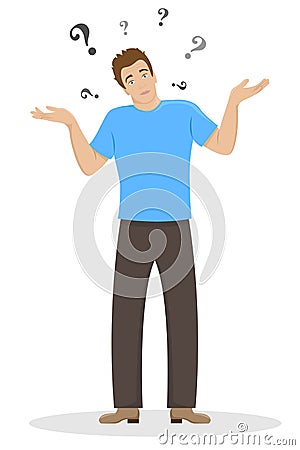 The surprised young man shrugs. Flat isolated illustration Vector Illustration