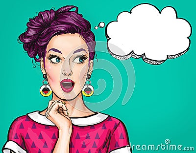 Surprised young woman with open mouth. Comic woman. Amazed women. Pop Art girl. Stock Photo