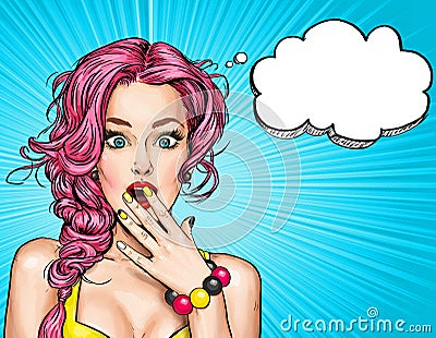 Surprised young woman with open mouth. Comic woman. Stock Photo