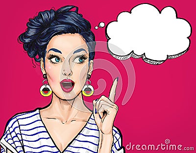 Surprised young woman with open mouth. Pointing finger up. Comic woman. Amazed women. Stock Photo