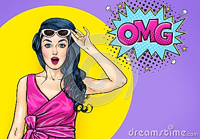 Surprised young woman with open mouth in sunglasses in comic style. Amazed lady saying OMG. Stock Photo