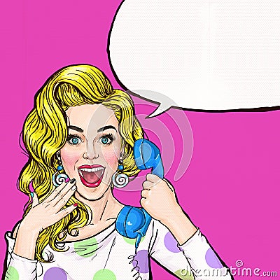 Surprised young woman shouting/yelling on retro telephone.Advertising poster.Comic woman.Gossip girl, red cheeks, curls, Stock Photo