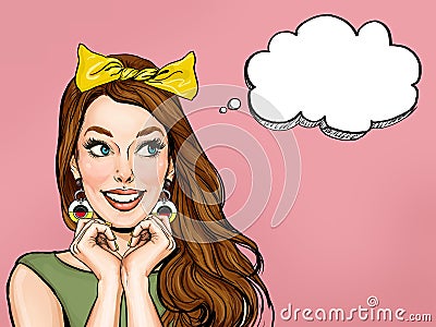 Surprised young smiling woman looking on the speech bubble. Amazed lady saying WOW. Stock Photo