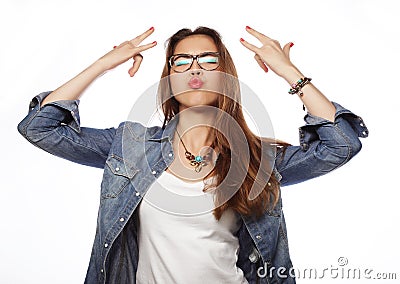 Surprised young woman in glasses over white background Stock Photo