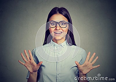 Surprised young woman shouting. Stock Photo