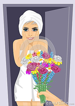 Surprised young woman wrapped in white towel Vector Illustration