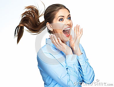 Surprising business woman portrait on white Stock Photo