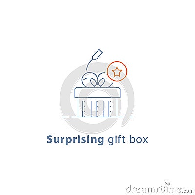 Prize give away, surprising gift, emotional present, fun experience, gift idea concept, line icon Vector Illustration