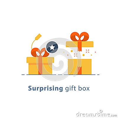 Prize give away, surprising gift, creative present, fun experience, gift idea concept, flat icon Vector Illustration