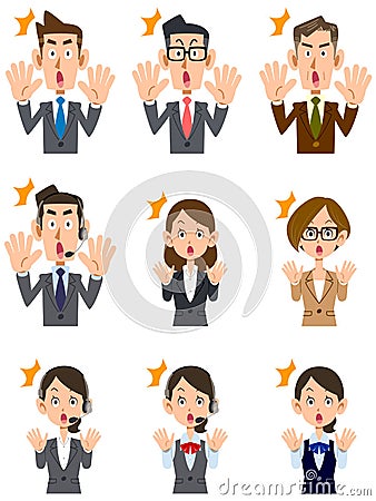 Surprising office worker men`s and women`s upper body set Vector Illustration