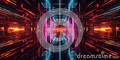 A surreal abstract background with symmetrical fractal patterns forming an intricate neon digital Stock Photo