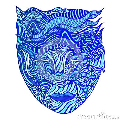 Surreal abstract Goddess of water with face in ammonites and of crazy patterns, cyan, dark blue, aquamarine color Vector Illustration