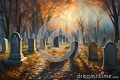A surreal All Saints' Day scene in a mystical graveyard, where ethereal light bathes ancient tombstones Stock Photo