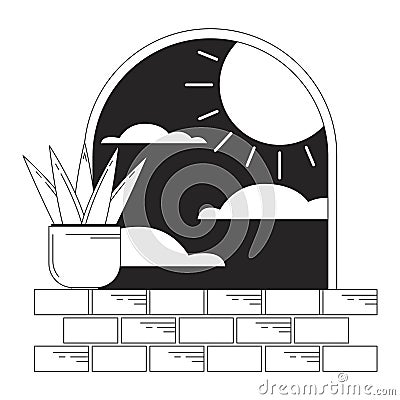 Surreal arch with plant on windowsill bw concept vector spot illustration Vector Illustration