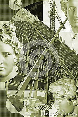 Surreal art collage with elements of classic architectural details, antique statues, new building facades, construction Stock Photo