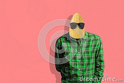 surreal art concept of a human body with a fruit head and face, isolated against the colorful wall Stock Photo