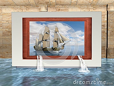 Surreal Art Museum Gallery, Ship, Tall Sailing Cartoon Illustration