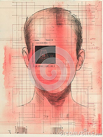 A surreal artistic representation of a faceless figure merging human form with digital elements and abstract patterns Stock Photo