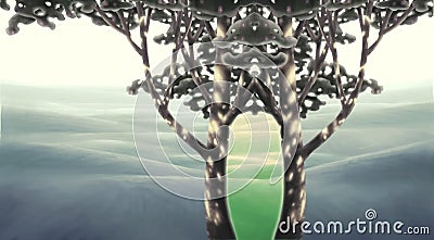 Surreal artwork of magic tree gate, fantasy painting illustration, concept art of hope and change, conceptual idea, mystery landsc Cartoon Illustration