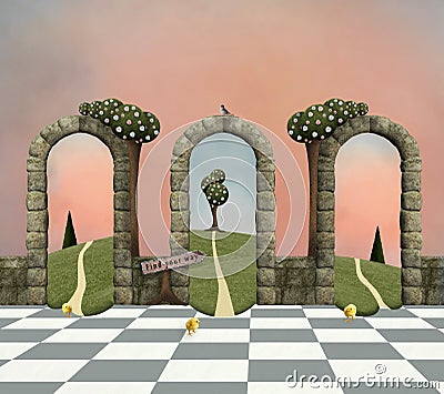 Surreal background with tree magic passages Cartoon Illustration