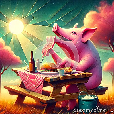 Surreal humorous pig dressed in retro medieval enjoy aperitive red wine and a ham sandwich at sunset Stock Photo
