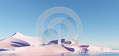 Surreal Beautiful Dream land background. Abstract Dune in winter season landscape with geometric arch. Fantasy island scenery with Stock Photo