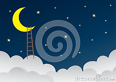 Surreal beautiful sky with crescent moon and ladders. Vector Eps10 Vector Illustration
