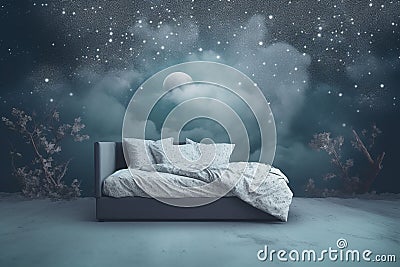 A surreal bedroom scene with a starry night sky and a floating moon above the bed Stock Photo