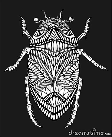 Surreal bizarre abstract beetle with many patterns coloring page for children and adults, isolated on dark. Decorative Vector Illustration