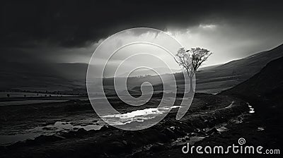 Surreal Black And White Photograph: Lone Tree On Dark Stormy Road Stock Photo