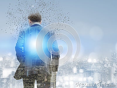Surreal businessman in modern city. Stock Photo