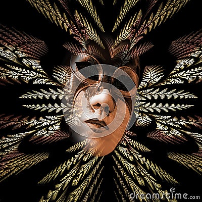 Surreal carnival mask and fractal pattern of the leaves as diver Stock Photo