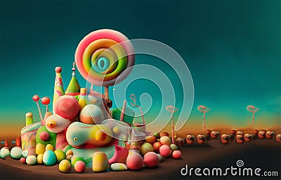 illustration of surreal castle made of sweets , candies and lollipops on a colorful abstract background Stock Photo